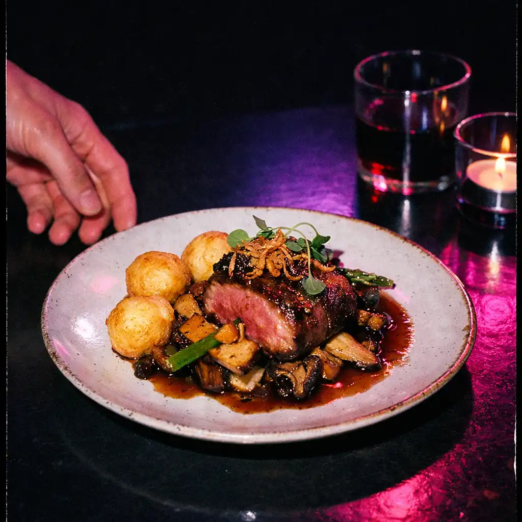 Detail nasvíceného talíře v noční restauraci