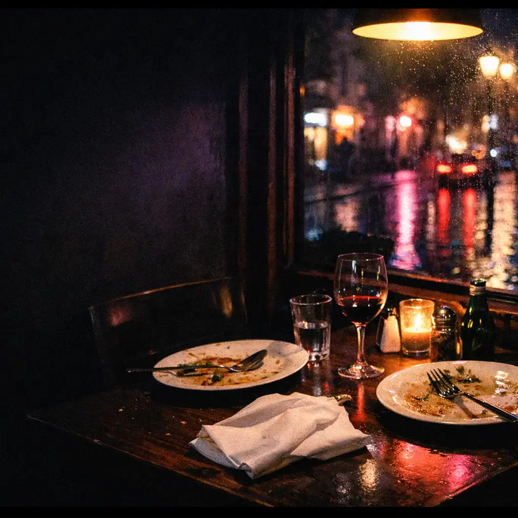 Intimní noční stůl s talíři a světlem v restauraci