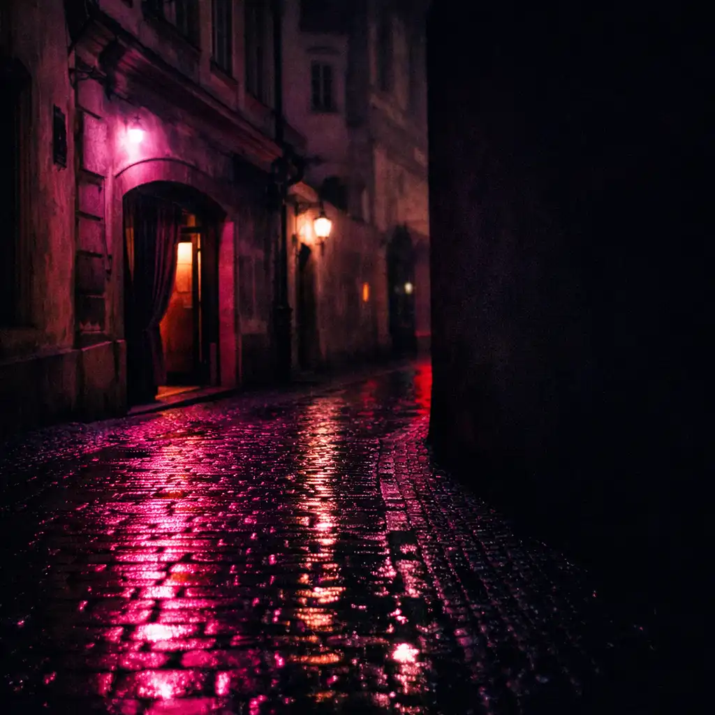Noční chodník s odrazy světel vedoucí k nenápadnému vstupu v historické Praze