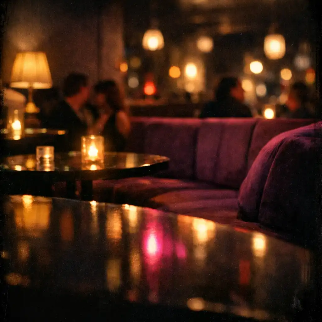 Noční interiér restaurace s odlesky na stole a hlubokými fialovými stíny