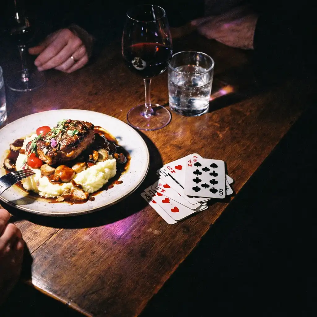 Ruce hostů kolem restaurančního stolu s nasvíceným talířem a několika obyčejnými kartami